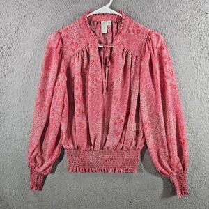 Joie Pink Floral Metallic Smocked Blouse Ruffle Neck Keyhole Top Small